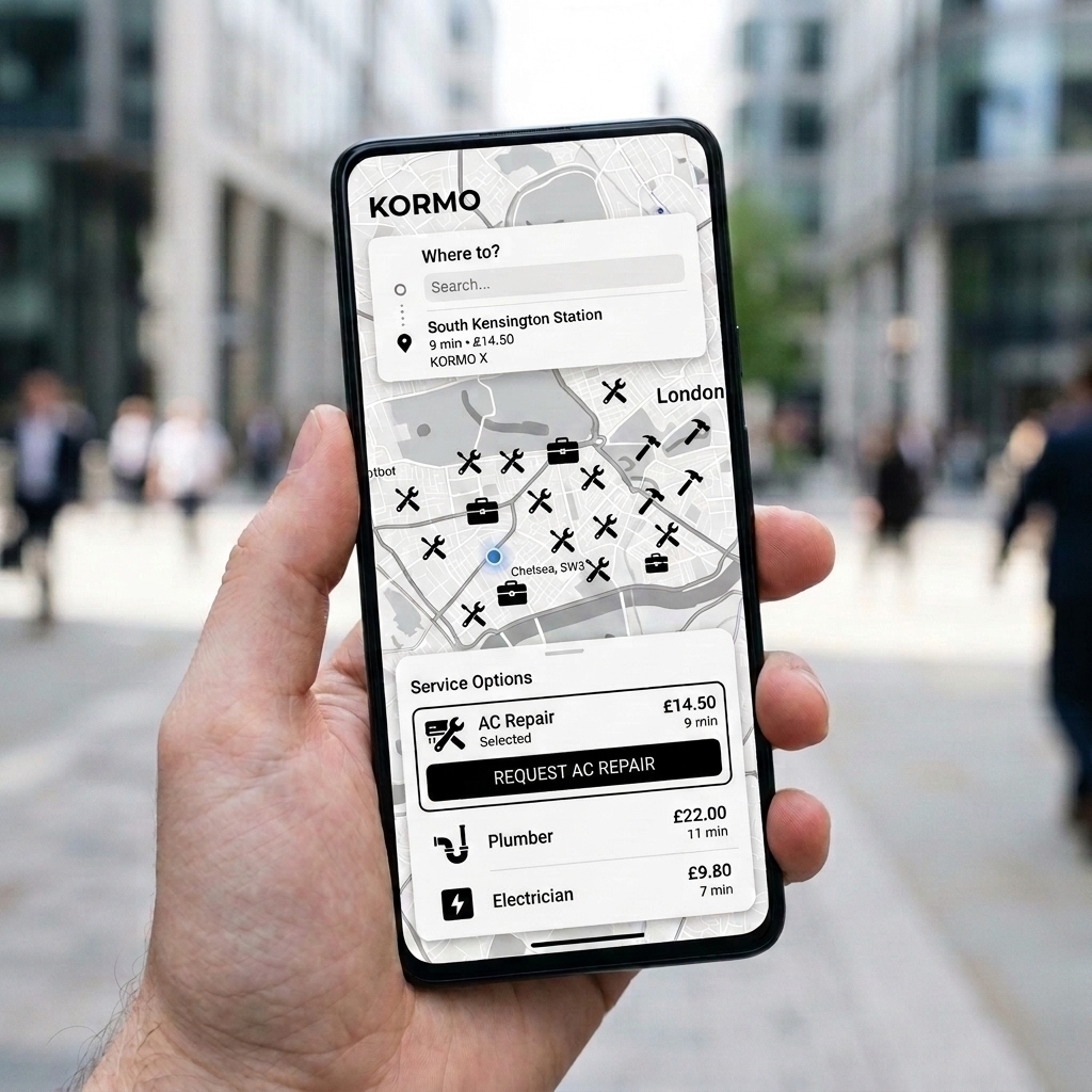 KORMO App Interface showing radar and dispatch UI